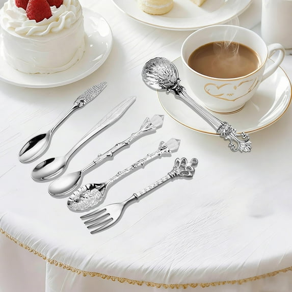 Vintage Carved Teaspoon Set 6-Piece Silver Plated Coffee Spoon with European Style Dessert Spoon for Ice Cream Jelly Tea Cocktl Elegant Tableware