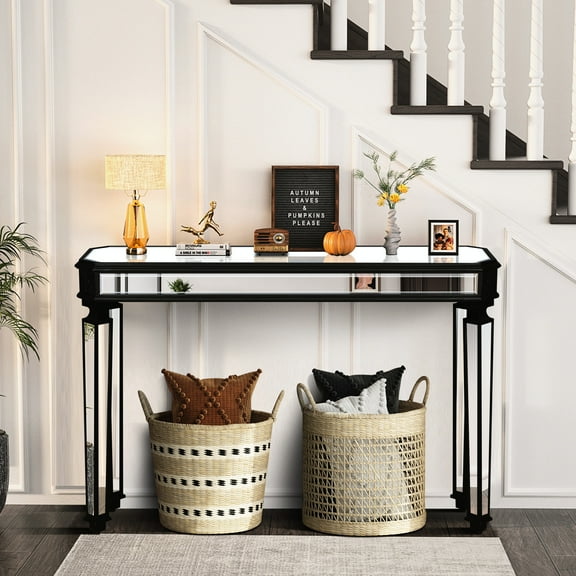 Vintage Carving Console Table With Mirrored Finish, Open Storage For Entryway - Black & Silver, 48"w X 32.7"h 14"d, Solid Wood + Glass Grain Mirror Effect, Triangular Living Room