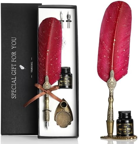 Vintage Carving Feather Pen Set, Glittering Quill Pen Set Antique Calligraphy Writing Dip Pen with Ink, 2 Replacement Nibs, Pen Stand Base, Luxury Vintage Signature Pen (Red)