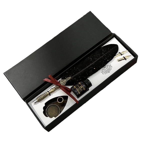 Vintage Carving Feather Pen Set, Glittering Quill Pen Set Antique Calligraphy Writing Dip Pen with Ink, 3 Replacement Nibs, Pen Stand Base, Vintage Signature Pen (Black)