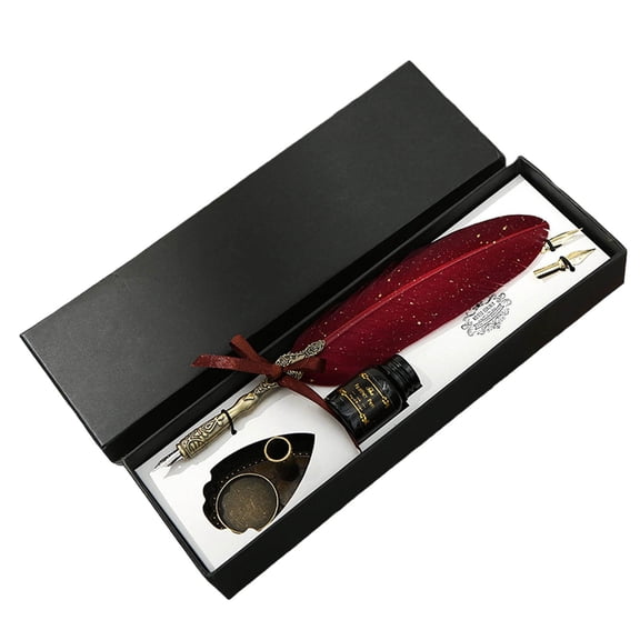 Vintage Carving Feather Pen Set, Glittering Quill Pen Set Antique Calligraphy Writing Dip Pen with Ink, 6 Replacement Nibs, Pen Stand Base, Vintage Signature Pen ( Red)