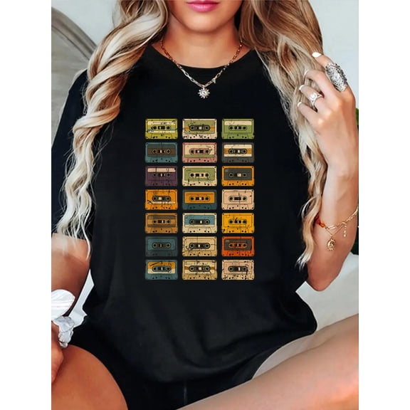 Vintage Cassette Mixtapes Old-School Playlist Cool Novelty T-Shirt Graphic Tee summer Tops For Women Round Neck Fashion Cotton shirts