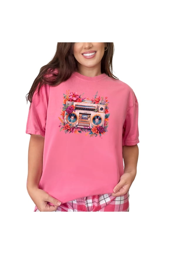 Vintage Cassette Player Floral Graphic Tee, Retro Music Lover Shirt, 80s 90s Inspired T-Shirt, Unique Flower Design, Fun Graphic Tee, Crunchberry Comfort Colors T-Shirt, 2XL