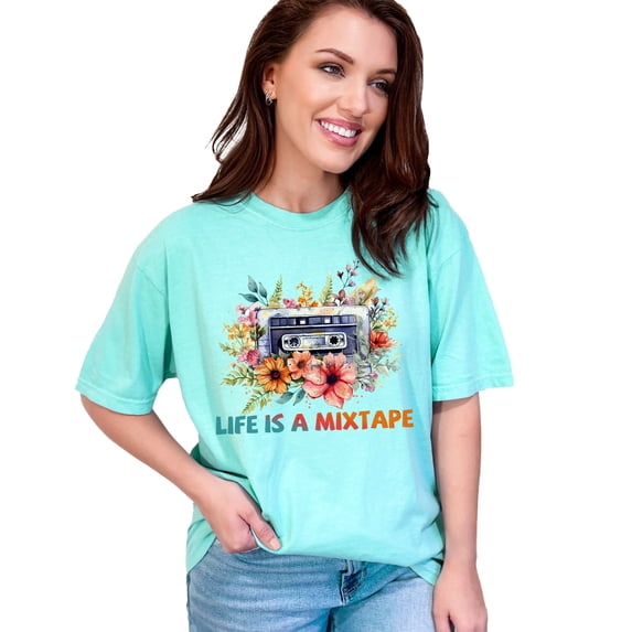 Vintage Cassette Tape Floral T-Shirt, Retro Music Lovers Tee, Life Is A Mixtape Graphic, Unisex Floral Music Shirt, Gift for Music Fan, Chalky Mint Comfort Colors T-Shirt, Medium