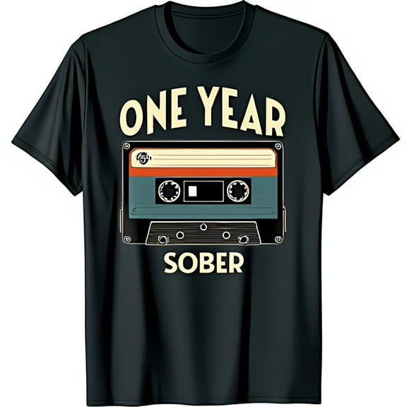 Vintage Cassette Tape ONE YEAR SOBER Black T-Shirt Celebrate Recovery Milestone