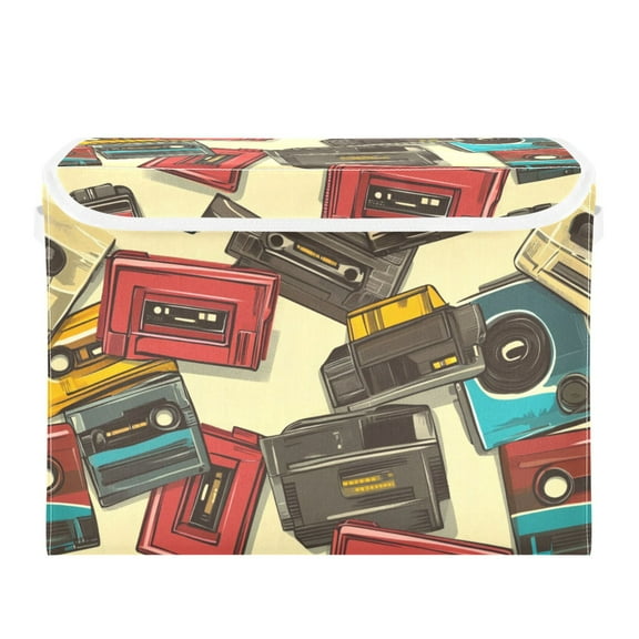 Vintage Cassettes Large Storage Bins with Linen Collapsible Lid Storage Box 16.7 x 12.6 x 11.8in