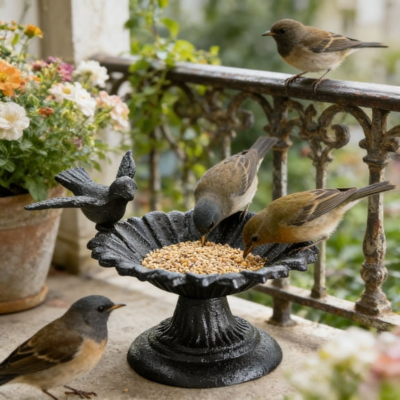 Vintage Cast Iron Bird Feeder Basin, Pedestal Bird Bath Bowl with Bird Figurine, Decorative Outdoor Bird Feeder for Garden, Patio, Balcony (Grey)