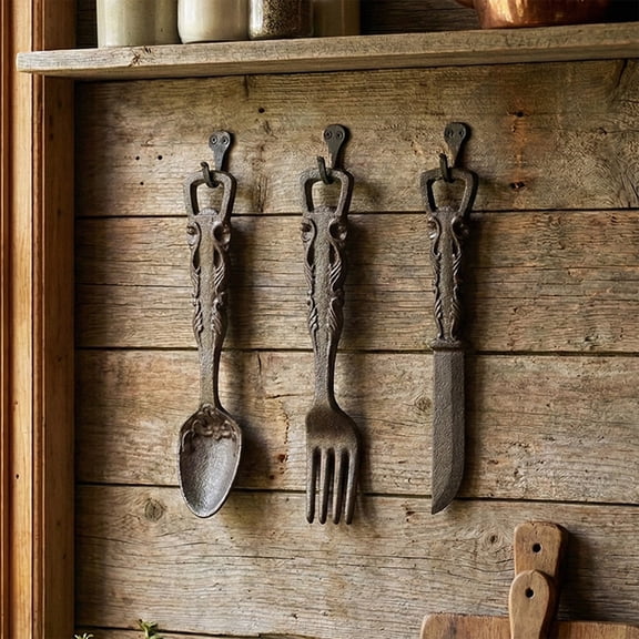 Vintage Cast Iron Kitchen Utensil Wall Decor, Spoon Fork Bottle Opener Set, Rustic Farmhouse Anti-Rust Art Ornament, for Kitchen Dining Room Wall Decor, Silver-C