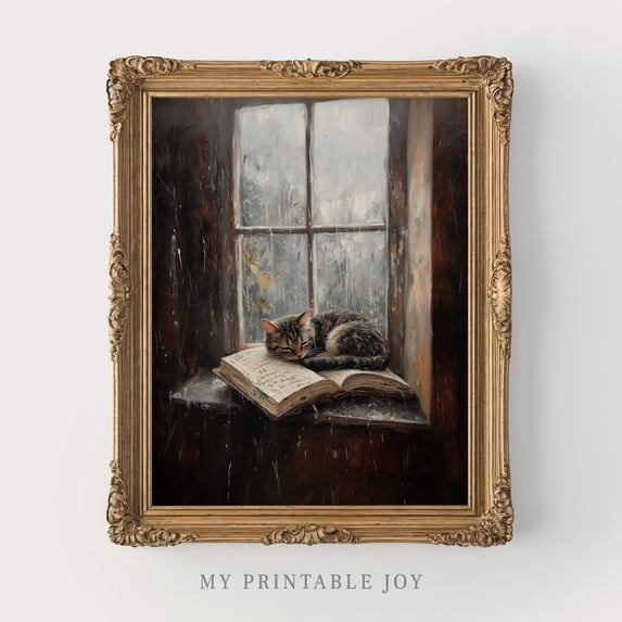 Vintage Cat And Book By Window Wall Art Print, Rustic Cozy Cottagecore ...