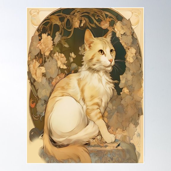 Vintage Cat Art Inspired By Alphonse Mucha Style Poster Wall Art, Modern Wall Decor For Living Room Bedroom, 8x12 UNFRAMED