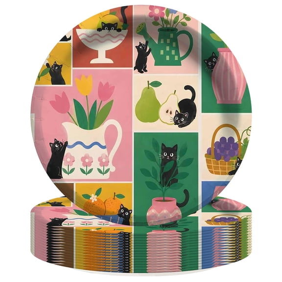 Vintage Cat Art Paper Plates Birthday Party Supplies Decorations 16pcs Tableware Disposable Dinnerware