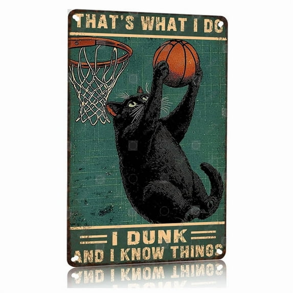 Vintage Cat Basketball Dunk Metal Wall Art Decor Aluminum Poster 12x16 Inch Funny Sports Theme Gift for Gym Office Man Cave Dorm Room Decorations