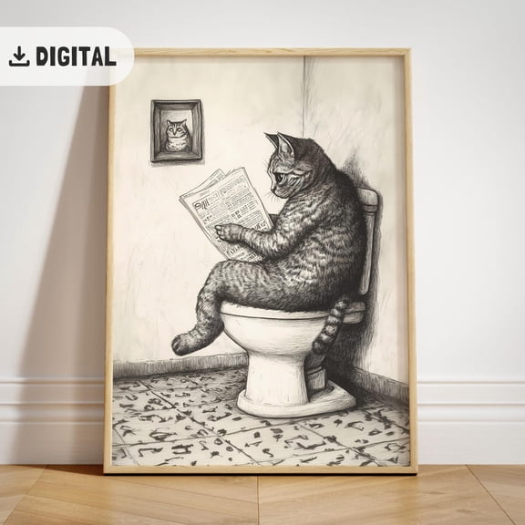 Vintage Cat Bathroom Poster, Cat Tet Wall Art, Retro Style Cat Illustration Wc, Unframed Poster Size 8x12