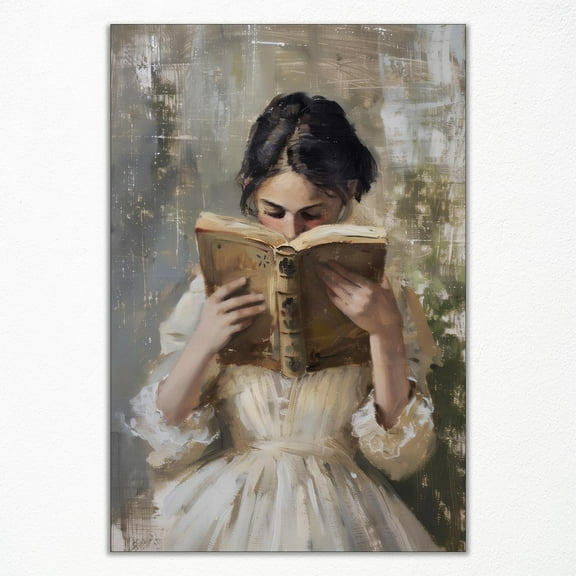 Vintage Woman Read Book Canvas Wall Art, Aesthetic Reading Poster, Victorian Bookish Women Portrait Oil Painting, Rustic Light Academia Feminine Picture for Girls Bedroom Nursery
