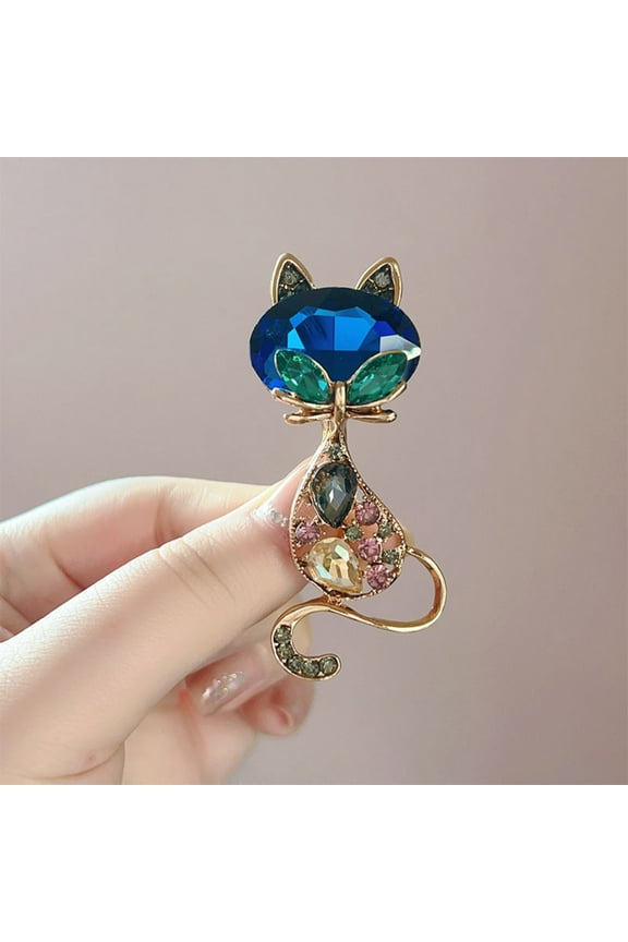 Vintage Cat Brooch Pin - Elegant Alloy Diamond-Studded Floral Lapel Pin for Women's Jackets, Blazers & Hats