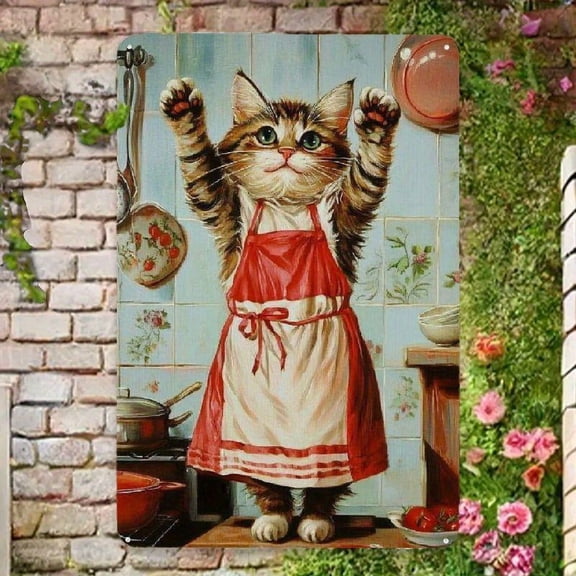 Vintage Cat Chef Metal Sign – Whimsical Kitchen Wall Art For Home, Cafe, Or Bar Decor – Retro Tinplate Hanging With Adorable Cooking Cat Design, Kitchen Wall Decor | Playful Decor | Easyhang Feature