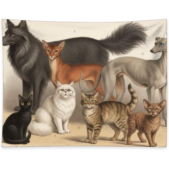 Vintage Cat & Dog Breed Art Tapestry Retro Pet & Wildlife Wall Hanging Animal Inspired Home Decor Bohemian Art Boho Aesthetic Tapestry for Bedroom Dorm Living Room Decor 40 x 30 Inch