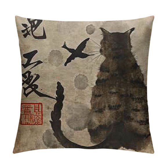 Vintage Cat and Dragonfly Traditional Japanese Ink Painting Farmhouse Decor Family Decoration Sign Home Decorative Throw Pillow Case Cushion Cover Sofa Couch,