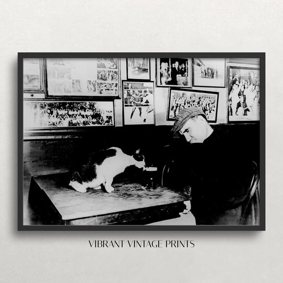 Vintage Cat Drinking Beer Print: Black And White Bar Art UNFRAMED PAPER POSTER, Home Decor