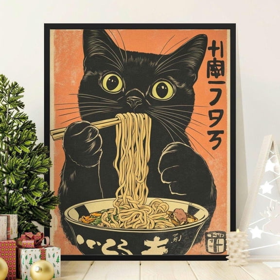 Kna Prints - Vintage Cat Eating Ramen Noodles Poster, Funny Black Cat Wall Art, Kitchen Decor, Japanese Inspired Cat Poster Print, Unique Cat Lover Gift Unframed Poster, UNFRAMED-8x12