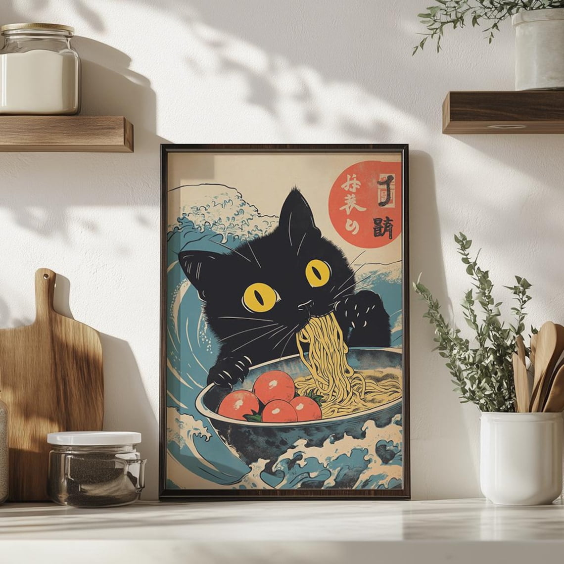 Vintage Cat Eating Ramen Wall Art, Japanese Art Print, Kitchen Wall ...