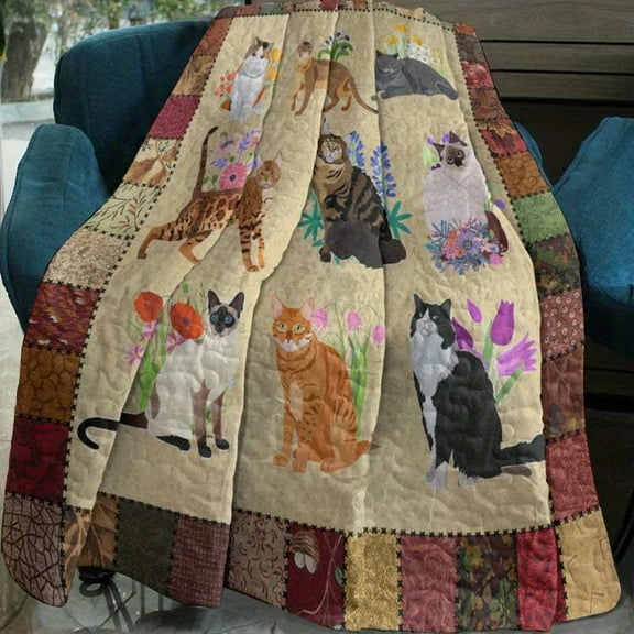 Vintage Cat and Floral Print Flannel Blanket - All-Season Soft Cotton Blanket with Geometric Patchwork Design, Mixed Colors Suitable for Bed, Sofa, or Home Decoration