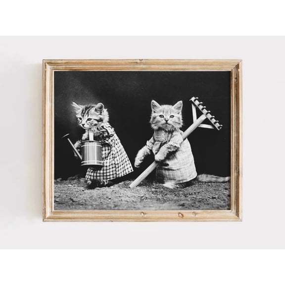 Vintage Cat Gardening Art Print Handmade Linen Texture Kitchen Or Sunroom UNFRAMED Poster, Wall Art for Decor, Present, 16x24