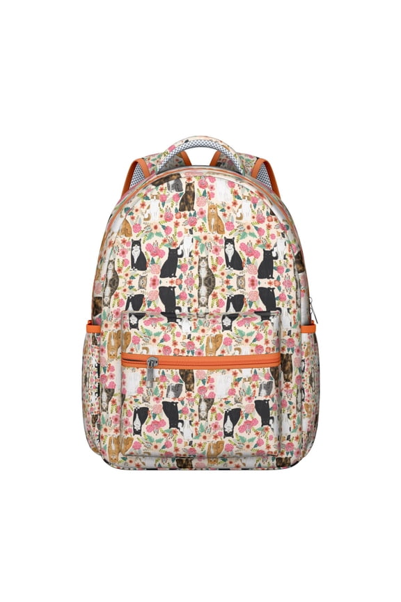 Vintage Cat Illustration Student School Backpack with Floral Cat Design and Cat and Moon Artwork Artistic Pattern Book Bag