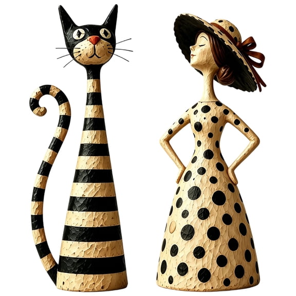 Vintage Cat & Lady Sculptures, Vintage Cat and Lady Figurines Set,Charming Cat and Lady Figurines Distressed Finishes Add Vintage French Country Folk Art Home Decor Shelves Mantels Tables
