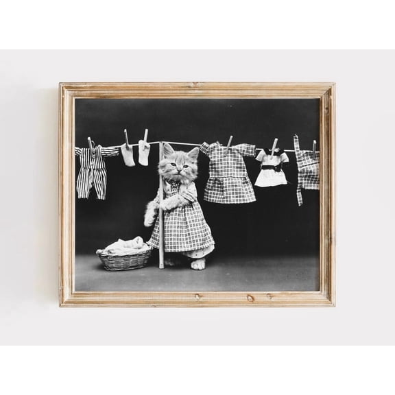Vintage Cat Laundry Room Linen Wall Art UNFRAMED PAPER POSTER, Home Decor