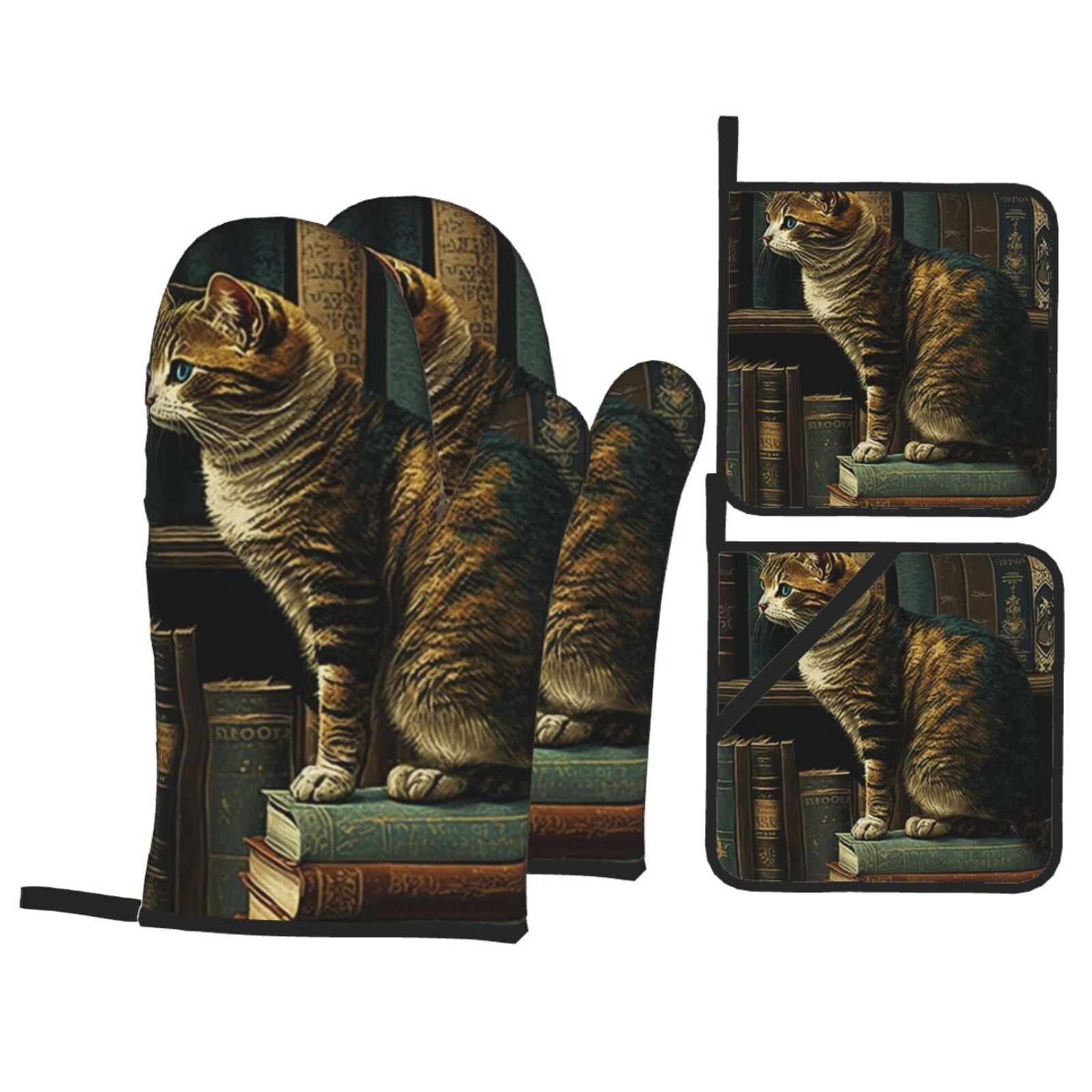 Vintage Cat Library Books 4Pcs Oven Mitts and Pot Holders Sets Oven Kitchen Gloves Hot Pads for Cooking BBQ Baking Grilling