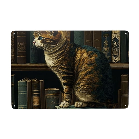Vintage Cat Library Books Metal Tin Sign Wall Decoration Home Garden Cafes Kitchen Art Decor 8x12 Inch