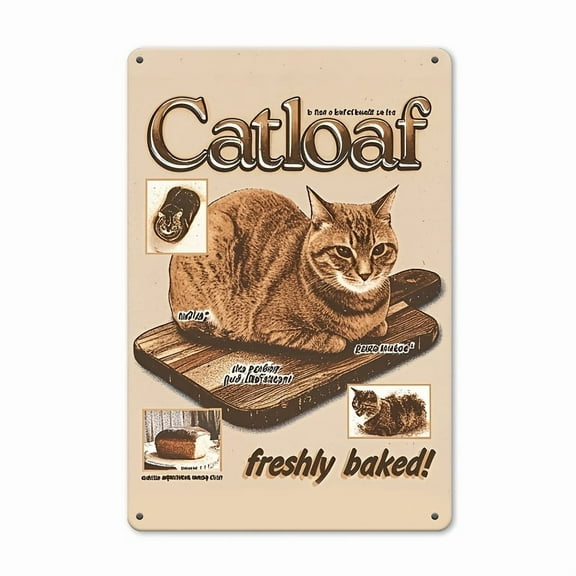 Vintage Cat Loaf & Bread Art Metal Tin Sign - Whimsical Cat-Shaped Bread Design, Durable Iron Wall Decor for Kitchen, Cafe, Garage, Indoor/Outdoor Use - Humorous "Freshly Baked" Wall Hanging Plaque