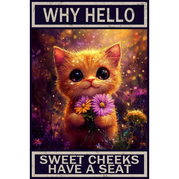 Vintage Cat Metal Sign Why Hello Sweet Cheeks Have A Seat Cute Kitten with Flowers Retro Tin Poster for Home Office Bar Cafe Dorm Wall Decor 8x12 Inch Aluminum Art Plaque Funny Animal Wall Art Gift