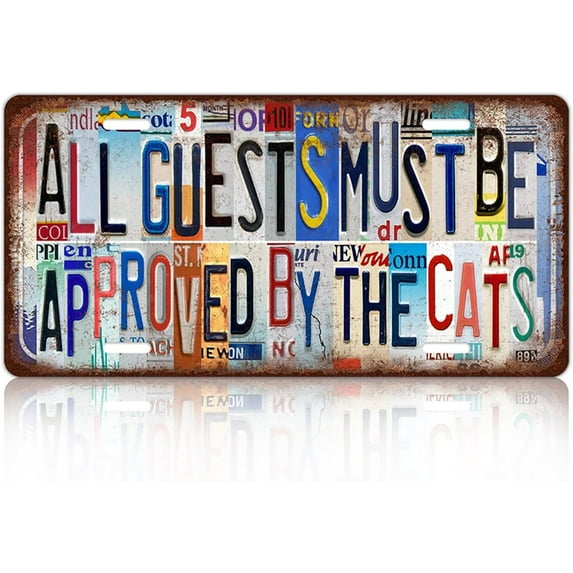 Vintage Cat Metal Tin Sign License Plate Wall Decor for Home Cat Lover 12 x 6 Inches - All Guests Must Be Approved By The Cats