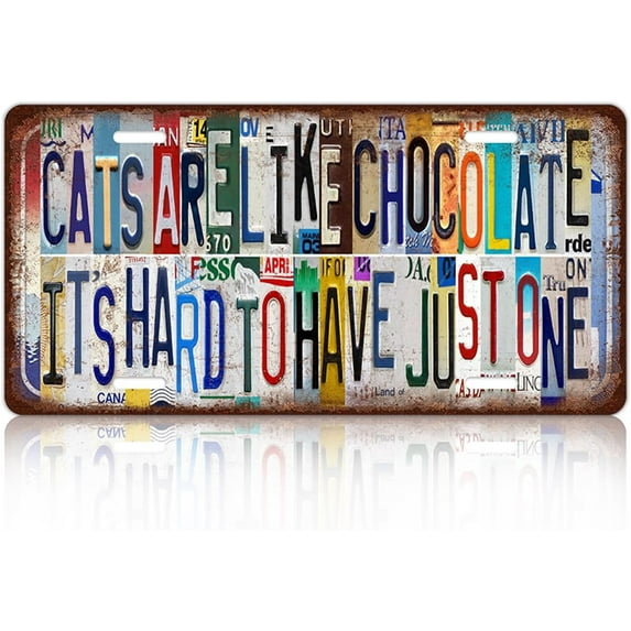 Vintage Cat Metal Tin Sign License Plate Wall Decor for Home Cat Lover 12 x 6 Inches - Cats Are Like Chocolate It\u2018s Hard To Have Just One