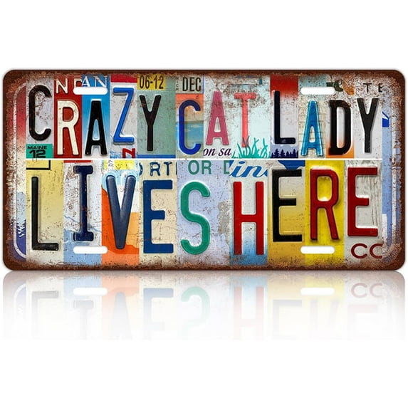 Vintage Cat Metal Tin Sign License Plate Wall Decor for Home Cat Lover 12 x 6 Inches - Crazy Cat Lady Lives Here