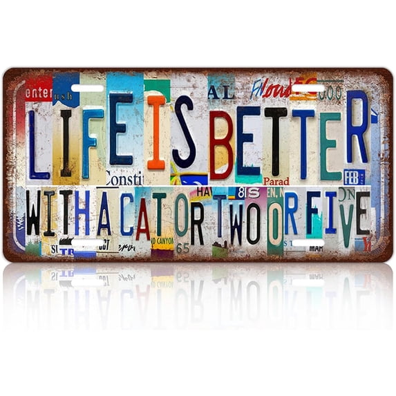 Vintage Cat Metal Tin Sign License Plate Wall Decor for Home Cat Lover 12 x 6 Inches - Life Is Better With A Cat Or Two Or Five