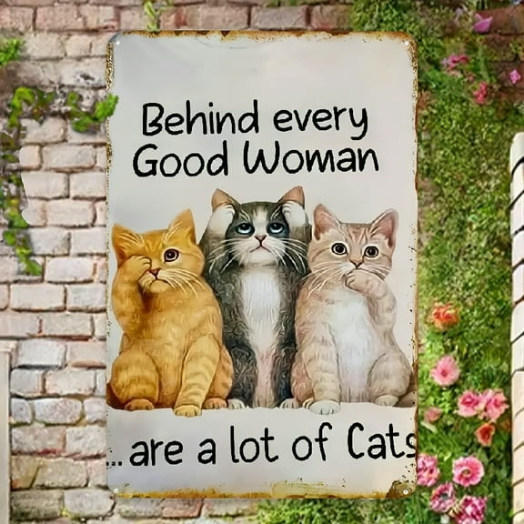 Vintage Cat Metal Wall Art Sign - 8x12 Inch Retro Iron Decor with 3 Cats & Behind Every Good Woman... Quote - Easy to Hang Home, Office, Kitchen, Garage Decoration Metal Tin Signs