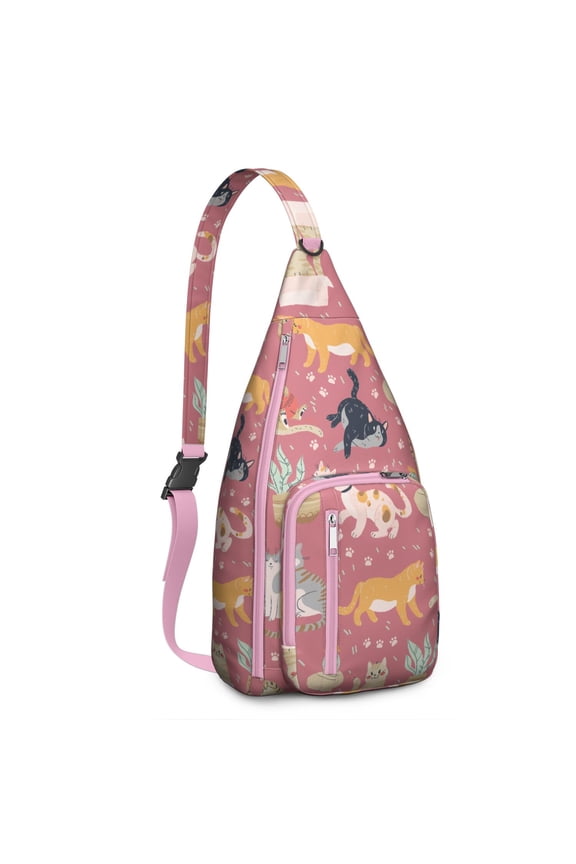 Vintage Cat Print Sling Backpack – Cute Watercolor Hand-Drawn Cat Crossbody Bag for Travel & Hiking