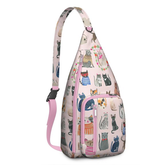 Vintage Cat Print Sling Backpack – Cute Watercolor Hand-Drawn Cat Crossbody Bag for Travel & Hiking