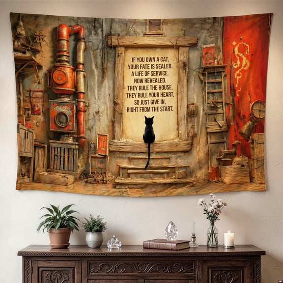 Vintage Cat Quote Industrial Style Wall tapestry, Large size Printed Horizontal Tapestry blanket, Polyester Fabric Wall Hanging for living room, bedroom, No Installation Required, Indoor, Outdoor, Gi