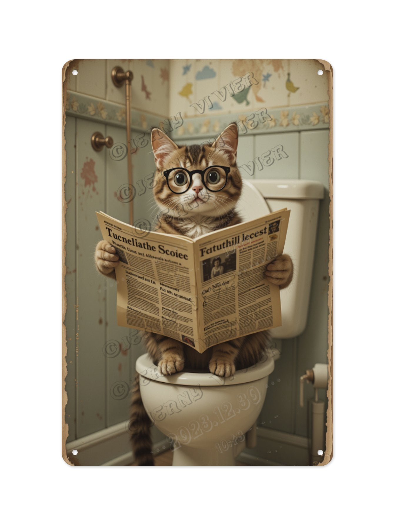 Vintage Cat Reading Newspaper on the Toilet Tin Sign 12 x 16 Inches ...