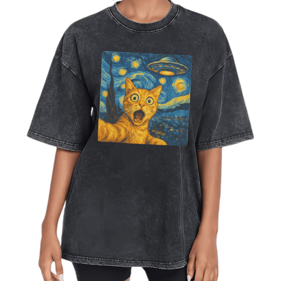 Vintage Cat Shirt Washed Print Tshirt Graphic Tees Shirts Black Washed Women Artistic Cat Swirl Sky Design Casual Soft Tee Size S-2XL Streetwear Tops