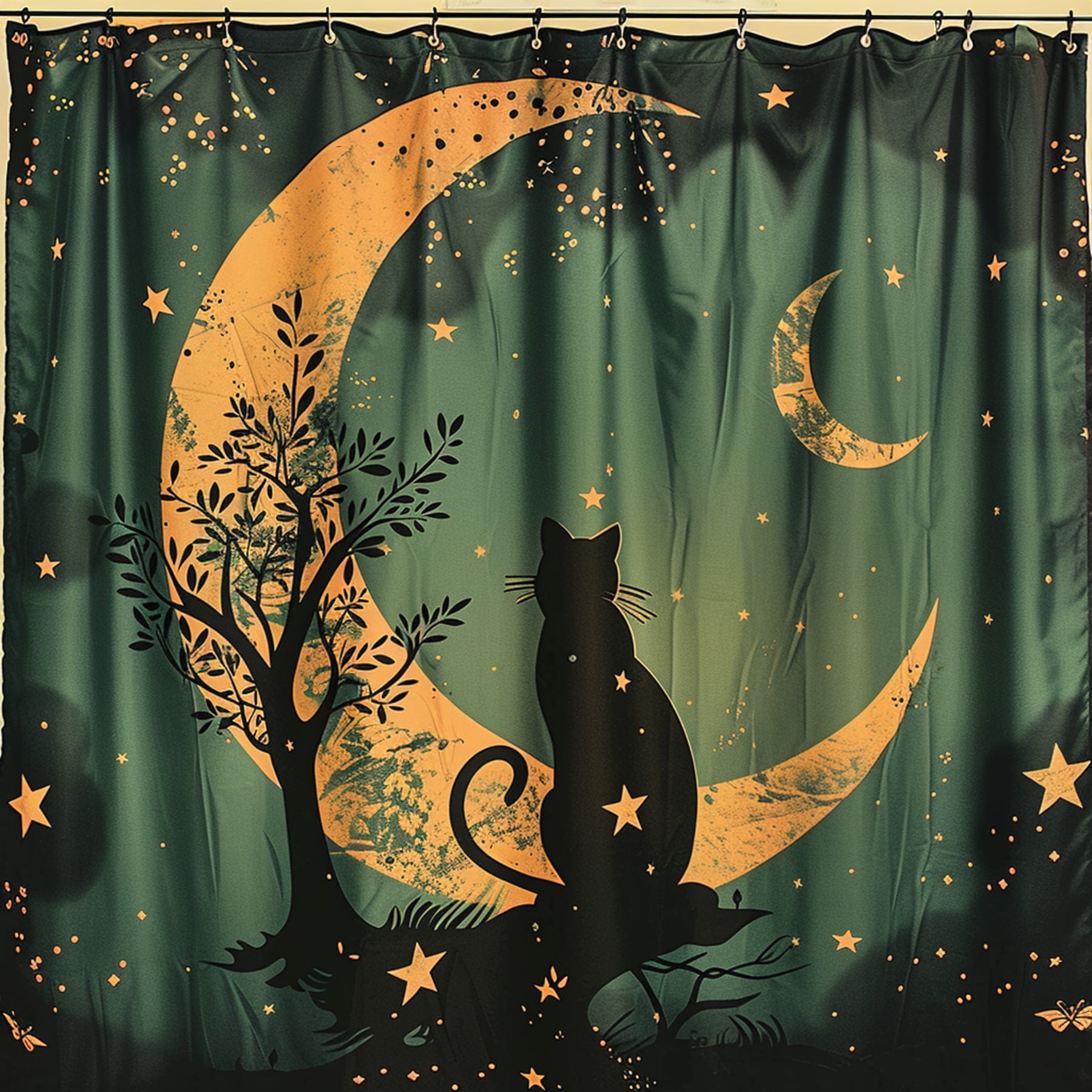 Vintage Cat Silhouette Crescent Moon Stars Tree Shower Curtain Shabby Chic Dark Green Background