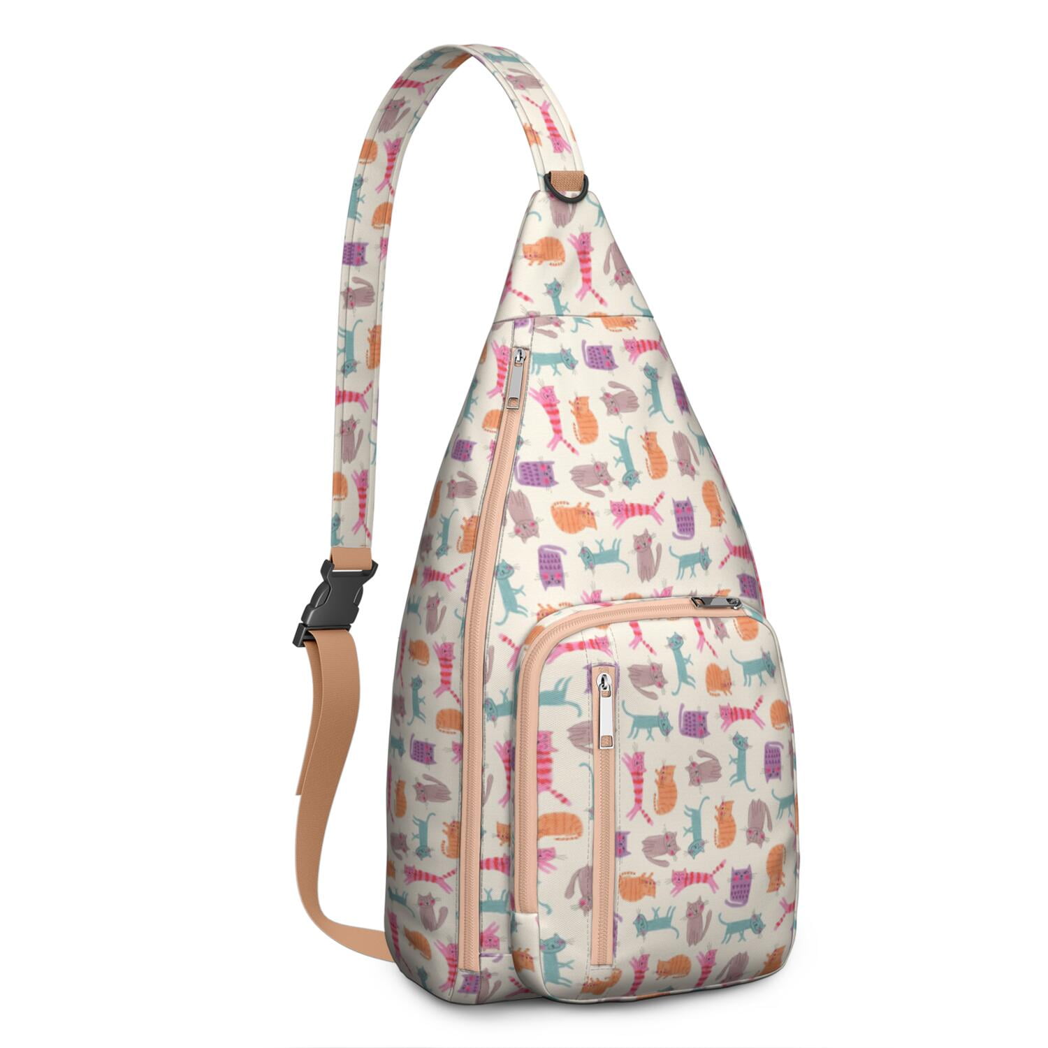 Vintage Cat Sling Backpack - Watercolor Cat Artwork Shoulder Bag for Travel (Floral Cat Design, Organized Multi-Pocket)