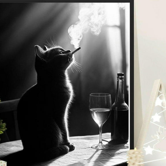 Vintage Cat Smoking Poster, Black and White Cat Art, Retro Animal Wall Decor, Unique Feline Artwork, Humorous Cat Print, 8x12