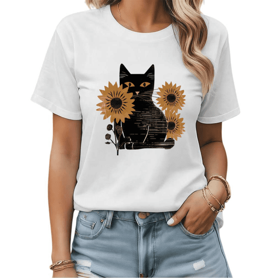 Vintage Cat & Sunflower Graphic Tees Womans T shirt Black/White S-5XL Shirts Casual Daily Tops