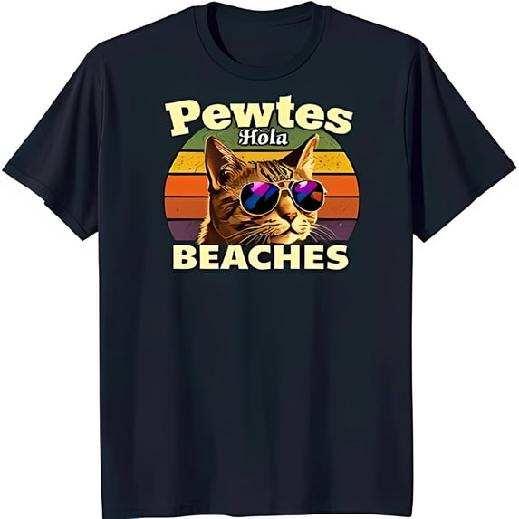Vintage Cat Sunglasses Graphic Black T-Shirt Retro Pewtes Hola Beaches Design