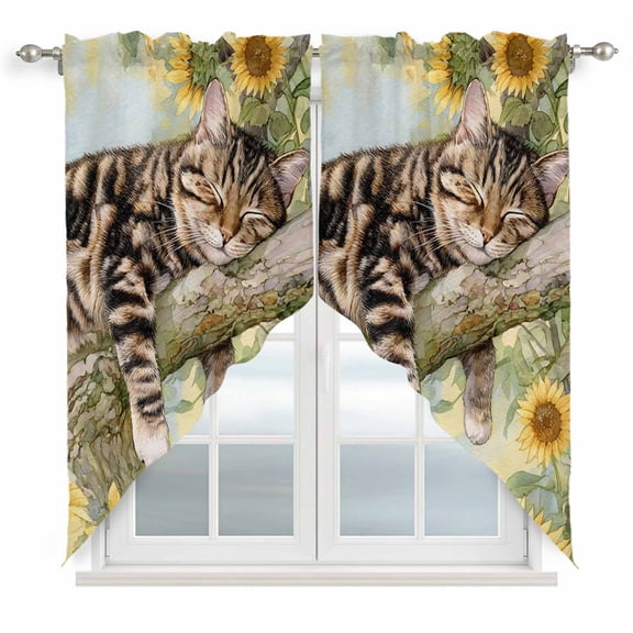 Vintage Cat Swag Curtains Country Watercolor Sunflowers Branch Swag Valances for Kitchen Windows, Window Treatment Topper Curtains for Living Room Bedroom Bathroom, 28" W x 36" L